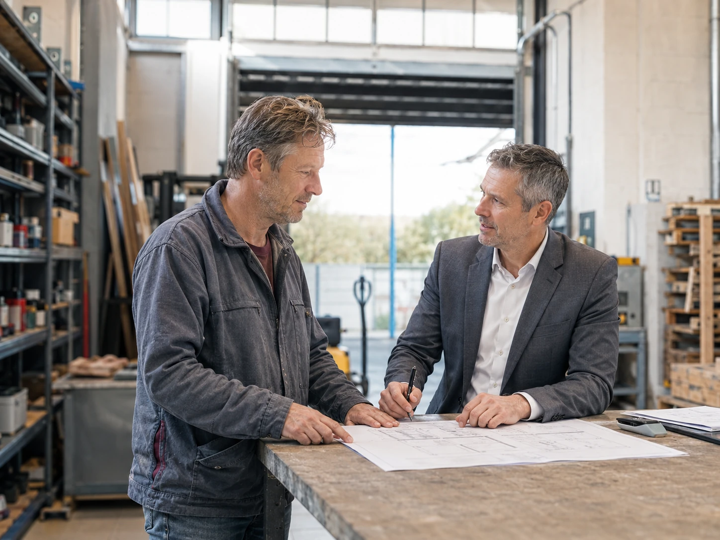 Unternehmer und Gesprächspartner besprechen einen Plan in einer Werkstatt