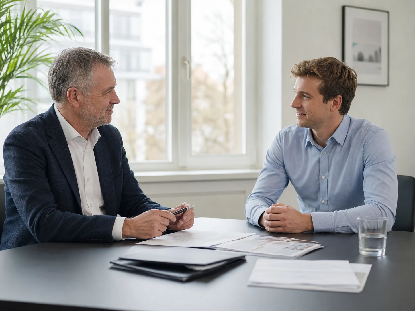 Zwei Unternehmer im Gespräch über Unterlagen und einen Standort